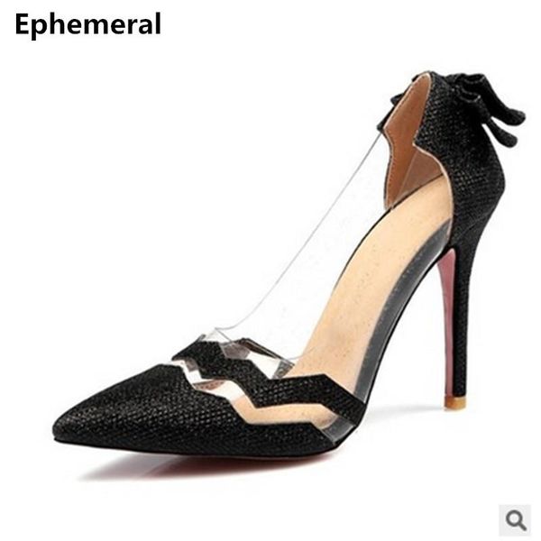 

lady's clear back knot quality super high heel women pumps stilettos sandals red bottom for femininas gold us12 14 15 dress shoes, Black