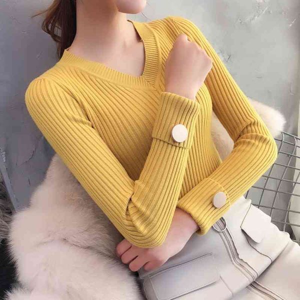 

v-neck sweater women's autumn winter slim style korean version split button long sleeves short pullover knitting shirt 74e 210420, White;black