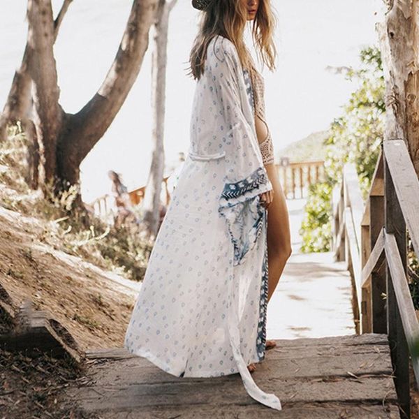 

women's swimwear bohemian beach bikini cover up peacock feather long sleeve kimono cardigan shirt, White;black