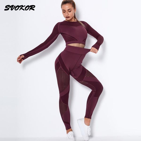 

yoga outfit svokor mesh stitching sport set women seamless striped fitness workout gym clothing stretch breathable tracksuit
