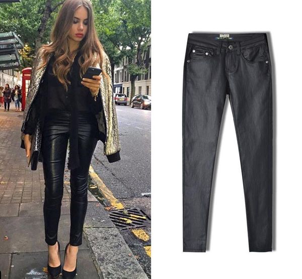 

women's pants & capris autumn leather women female winter high waisted trousers pu skinny stretch pencil pantalons, Black;white