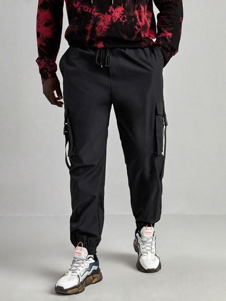 

extended sizes men flap pocket buckle cargo pants d9xd#, Black