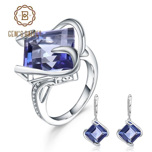 

gem's ballet natural iolite blue mystic quartz ring earrings women's jewelry set 925 sterling silver geometric gemstone bracelet,, Black