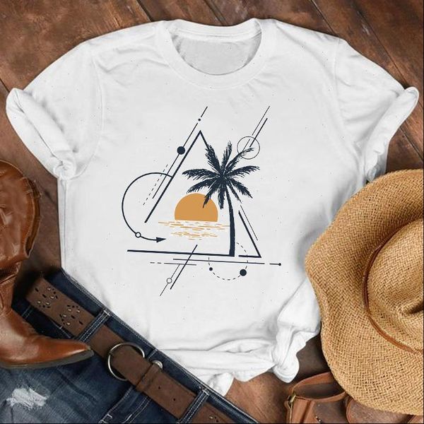 

women lady beach t shirt vacay mode cute geometric 90s fashion clothes womens female tee, White