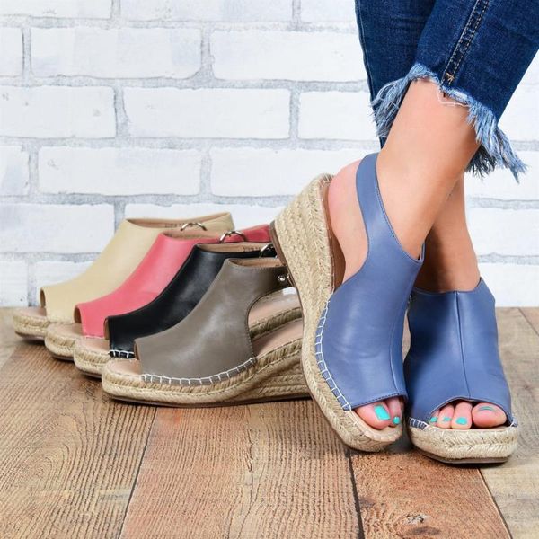 

sandals summer women solid leather buckle strap leisure high platform wedges heels ladies casual peep toe shoes a28, Black
