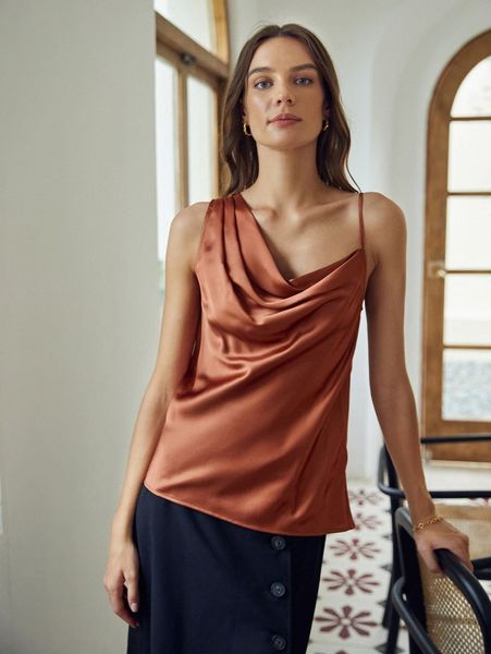 

motf premium 100% silk asymmetrical neck draped g3zg#, White