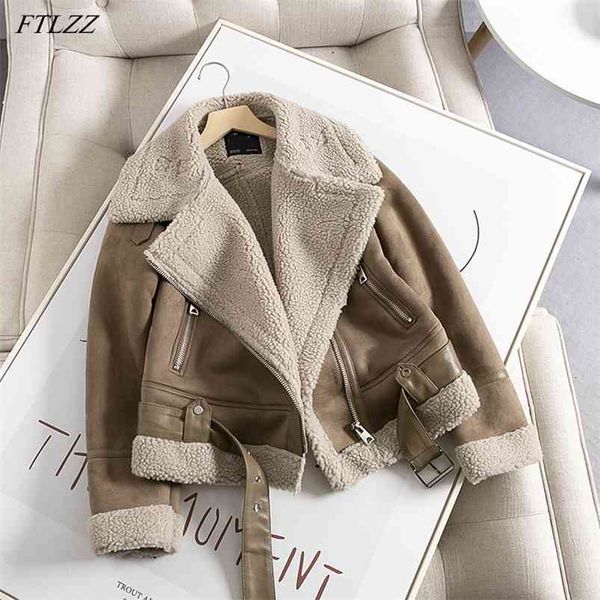 

winter women thick warm suede lamb biker jacket coat retro chic sashes casual loose faux leather outwear female 210430, Tan;black