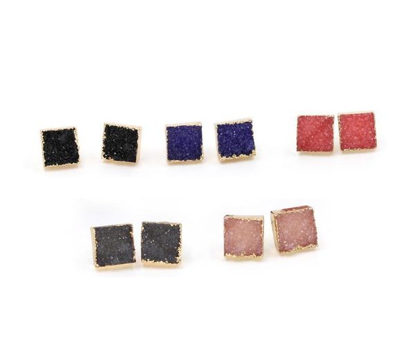 

square resin jelly color druzy stud earrings for women, Golden;silver