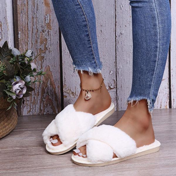 

slippers women cross plush flip flops autumn winter warm outdoor thick platform non-slip casual flat slides fur home shoes, Black