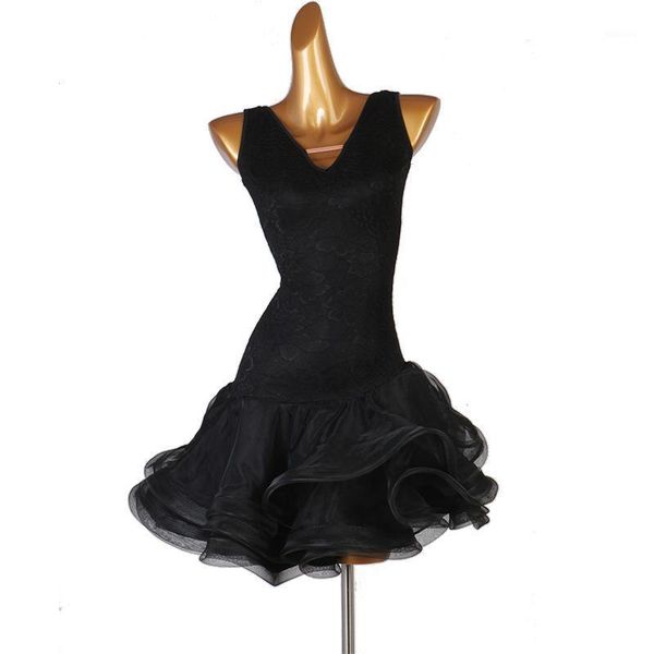 

stage wear women black dark flower slim latin dance dress v-neck ballroom swing tango rumba samba for 2021, Black;red