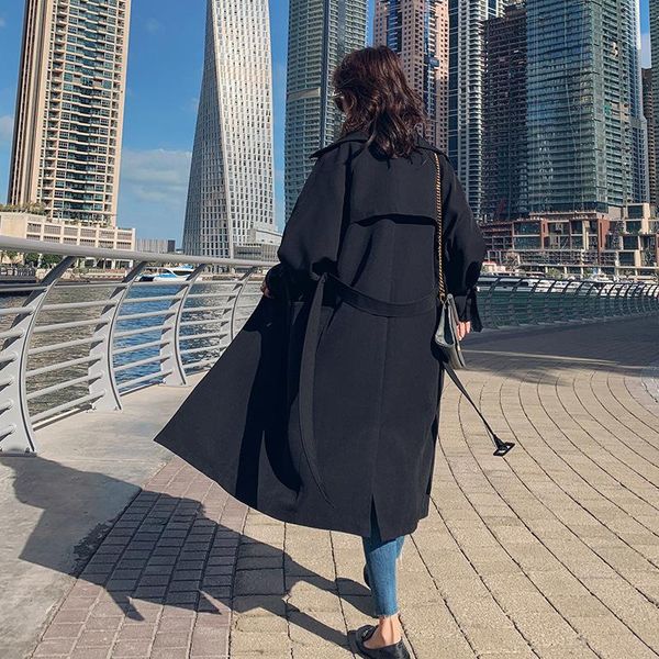 

women's trench coats black autumn winter double-breasted long ol ladies jacket casual loose cloak v neck warm belt windbreaker, Tan;black