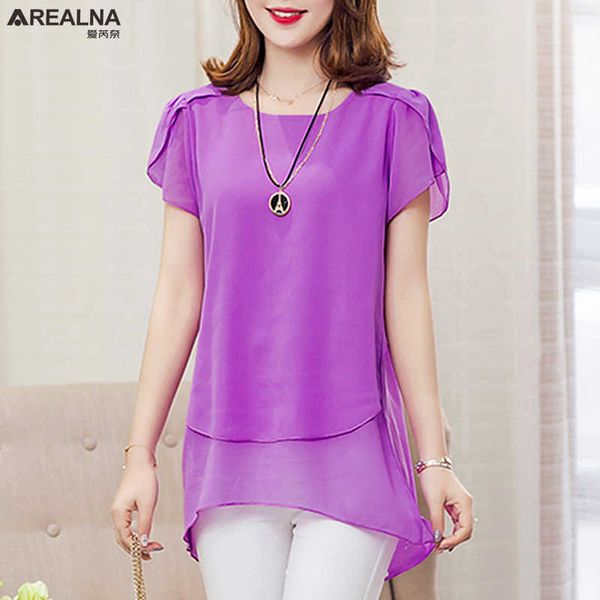 

korean style summer women blouses short puff sleeve loose oversized shirt o-neck chiffon blouse women plus size 5xl clothes 210721, White