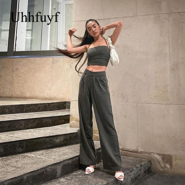 

women's two piece pants uhhfuyf ladies striped two-piece summer halter short vest straight trousers high street commuter haute couture, White