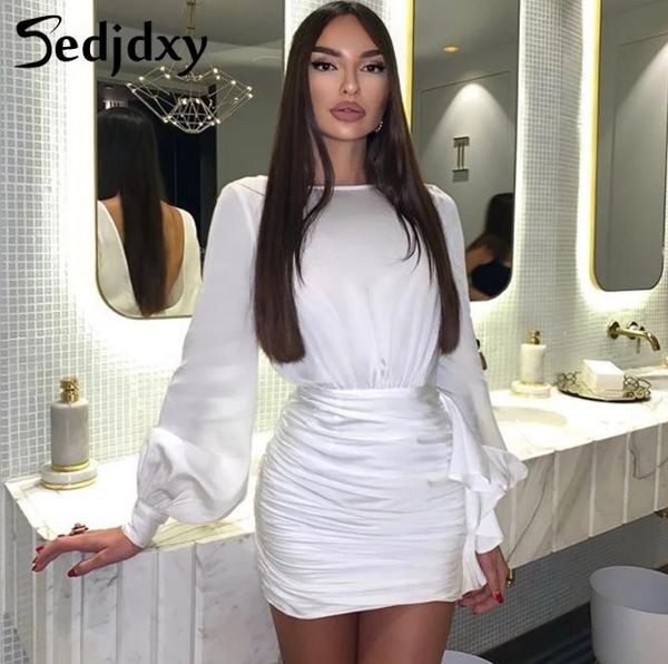 

ruched solid dress women long sleeves elegant mini autumn dresses backless ladies bodycon party white vestidos casual, Black;gray