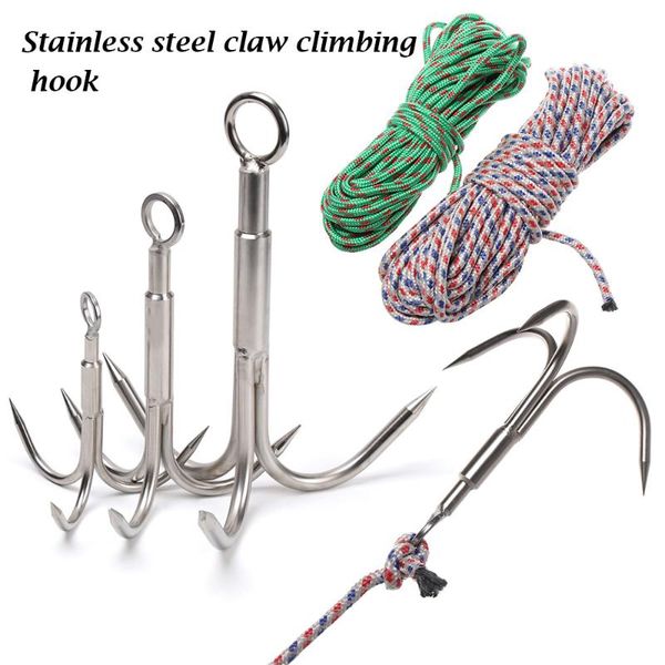 

stainless steel climbing rope claw ice rock hooks carabiner auto fasten clip mountaineering flying grappling outdoor hiking tool cords, slin