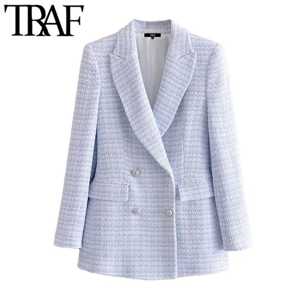 

traf women fashion double breasted t check blazer coat vintage long sleeve pockets female outerwear chic veste 211022, White;black