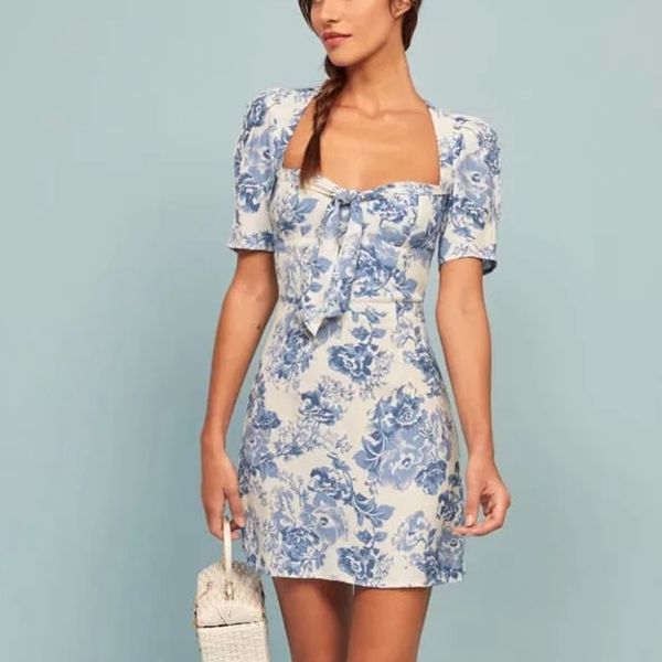 Sommer Vintage Kleid Elegantes Minikleid Strand Weibliche Kurze Rückenfreie Kleider Blaue Blume Boho Vestidos Boho Kleid 210415