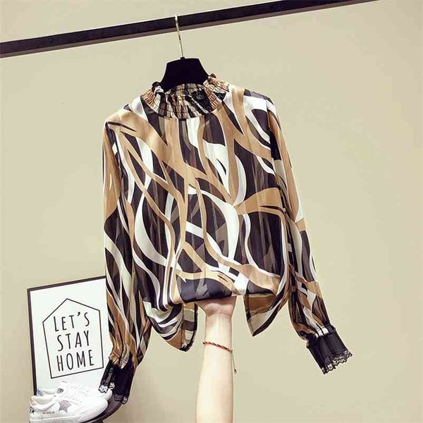 

autumn women's high collar lace patchwork long sleeves print chiffon shirt female ladies shirts blouse a3654 210519, White