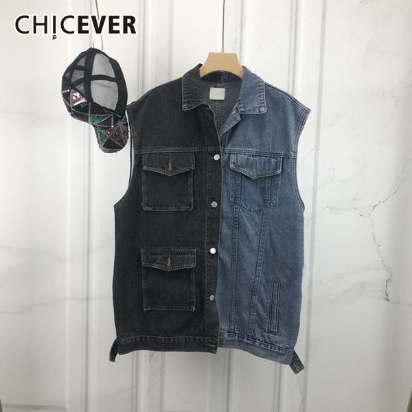 

women's vests chicever korean patchwork pockets coat for women lapel sleeveless straight loose female spring fashion clothing 2021, Black;white