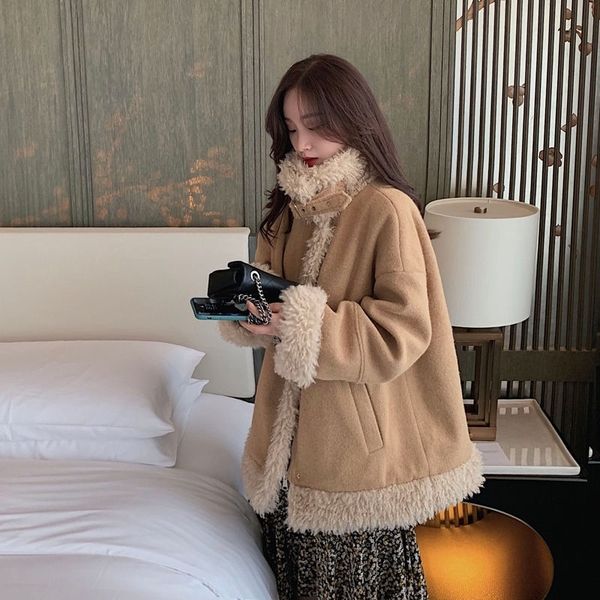 

motorcycle clothes female 2021 utumn nd winter imittion lmb wool wering cot shows thin smll mn, hiry st collr woolen, Black