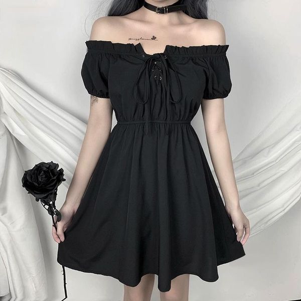 

party dresses off shoulder black gothic harajuku high waist dress summer mini a-line solid casual, White;black