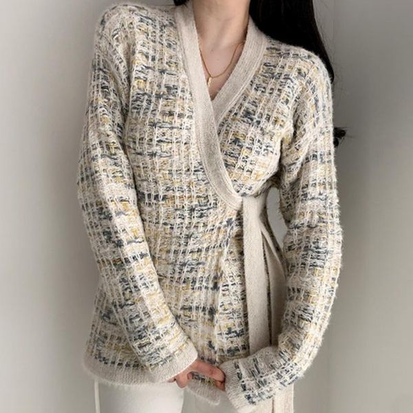 

women's knits & tees [ewq] korean chic autumn temperament thin v-neck lace up waist long sleeve cardigan knitted sweater female tide 20, White
