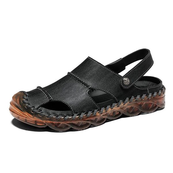 

sandals men's mens genuine leather summer shoes classic roman outdoor beach slipper water trekking flip flops size 38-46, Black