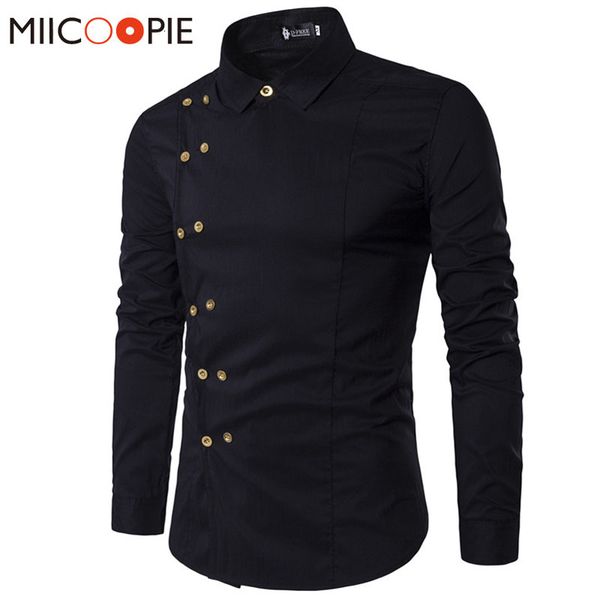 

men's casual spring shirts personality oblique button irregular double breasted men long sleeve camisa masculina male slim fit shirt, White;black