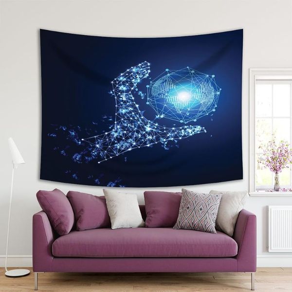 

tapestries tapestry world and hand abstract technology concept digital link future hi-tech theme artwork blue white