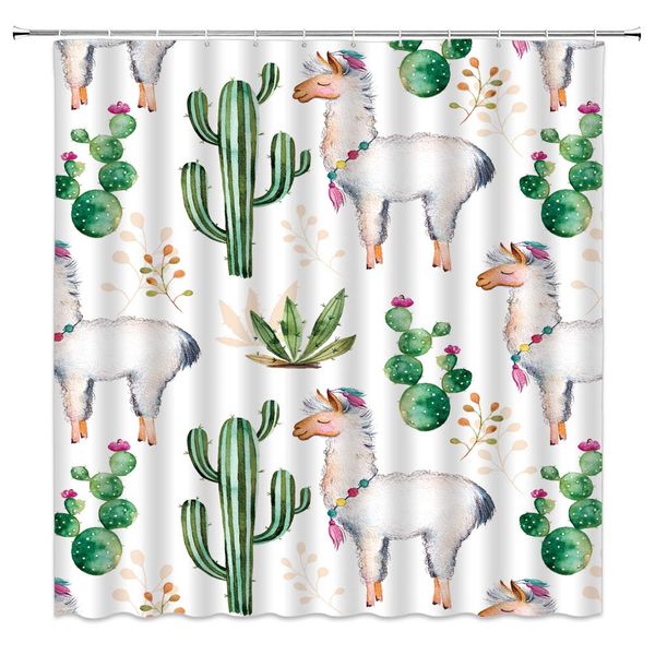 

cactus alpaca shower curtain cartoon green tropical plants forest cute animal pattern,70x70 inch polyester fabric bathroom
