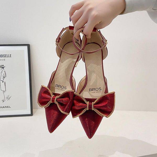 

sandals summer shoes woman sweet bow knot elegant ankle buckle party high heels wedding pointed toe square thick heel 2021, Black