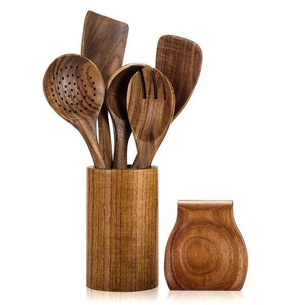 

wooden tableware with stand non-stick teak spoon and holder kitchen cookware handmade durable tools dinnerware sets