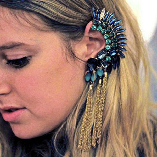 

dangle & chandelier boho long crystals tassels ear cuff earring full rhinestone big no pierced clip crawler studs women fashion jewelry, Silver