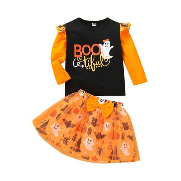 

kids clothing sets girls outfits baby clothes children suit spring autumn long sleeve t-shirts cotton lace skirt 2pcs halloween b7077, White