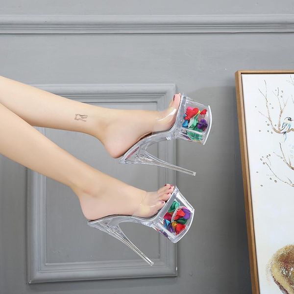

slippers women summer 2021 crystal slipper thin heels 17cm transparent sandals cool size 34-43 female's wedding, Black