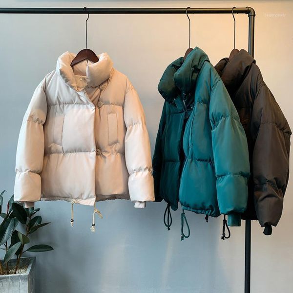 

women's down & parkas 2021 autumn winter standing collar woman loose short bubble jackets coat drawstring warm clothes femme veste, Black