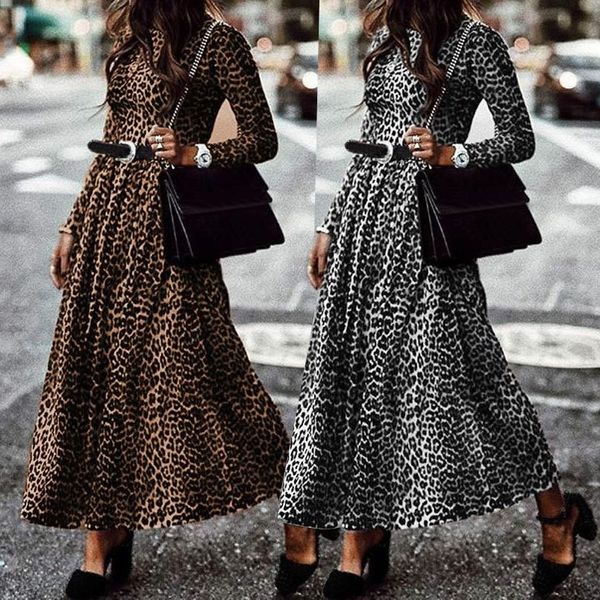 

spring and summer 2021 women's fashion women's leopard dress round neck long sleeve casual wrinkle pleated dress, Black;red