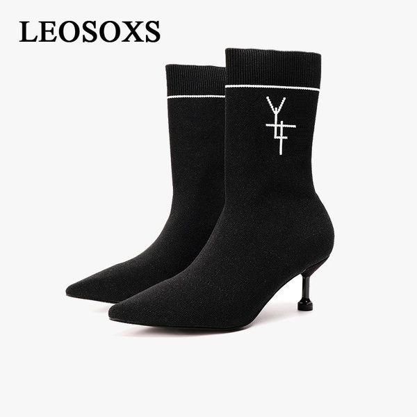 

boots women woman sock shoes ladies ankle thin heels female brand stretch girls pointed toe slip on, Black
