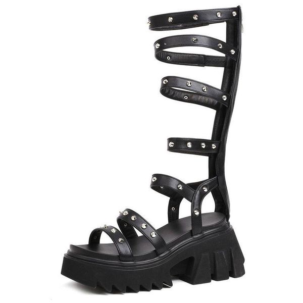 

street style roman knee high gladiator sandals women rivet platform chunky heels punk rock gothic shoes zipper comfort, Black