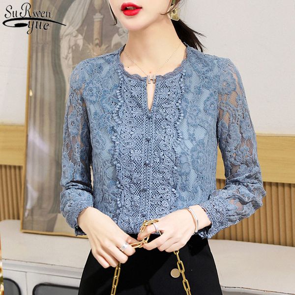 

autumn floral pullover blouse women korean blue lace bottom shirt office long sleeve plus size ladies 10357 210427, White