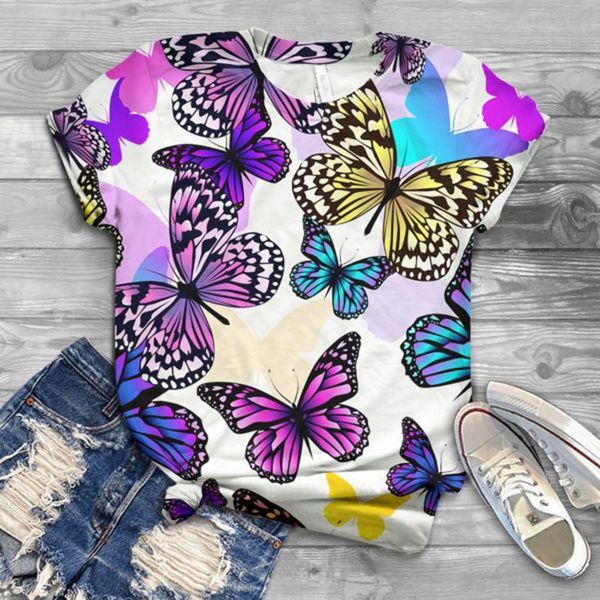 

40# women harajuku 3d butterfly print t-shirts short sleeve o-neck tee t-shirt plus size casual streetwear graphic tshirts women's, White