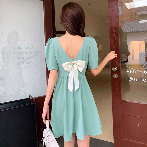 

ly varey lin summer women casual square collar puff sleeve short dresses sweet high waist a-line solid color female 210526, Black;gray