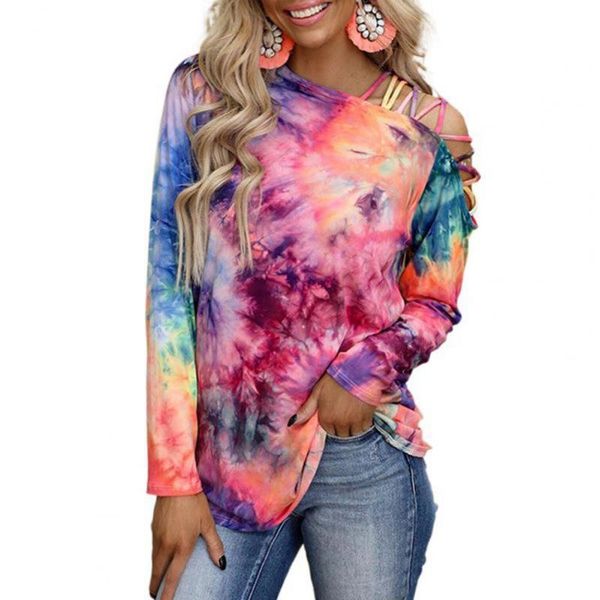 

women's t-shirt women tie dye print long sleeve fashion off shoulder hollow out and stylish 2021, White