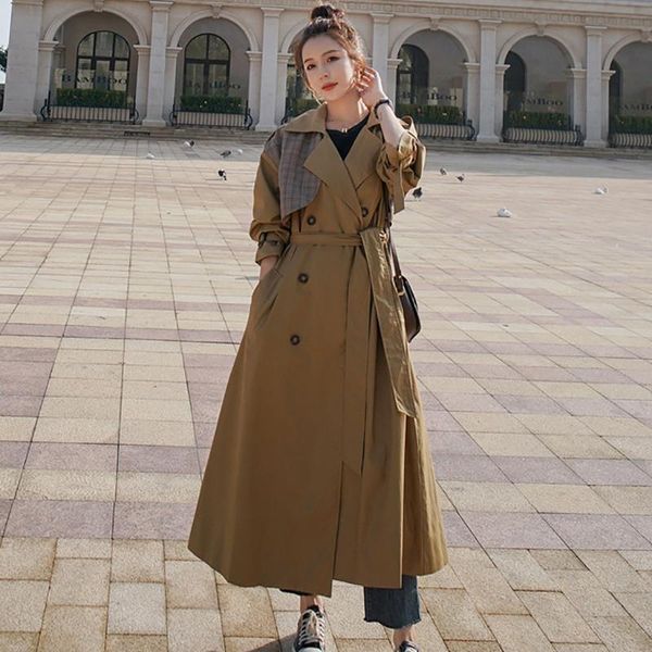 

women's trench coats plaid stitching windbreaker long khaki 2021 korean loose lapel single breasted fashion high-quality lining coat 56, Tan;black