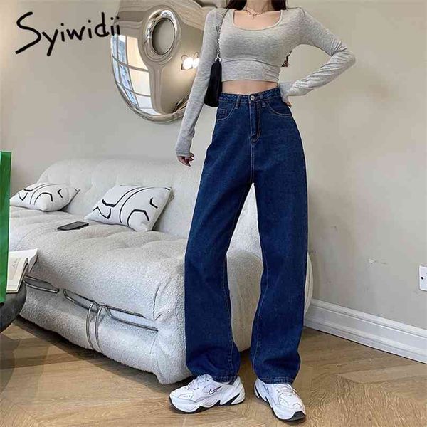 

high waisted jeans women denim pants straight blue clothes fashion vintage streetwear full length trousers spring 210607
