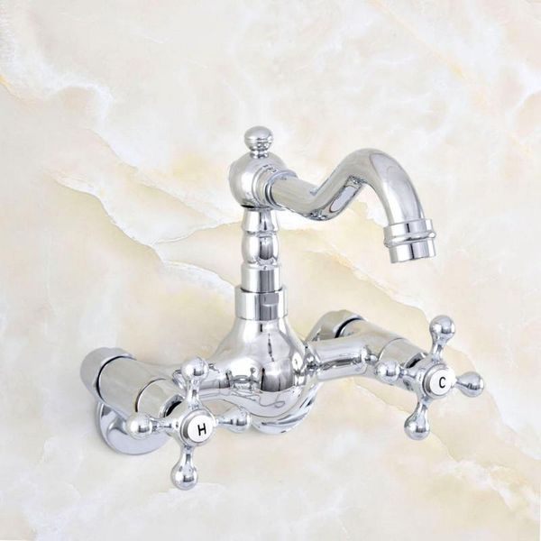 

bathroom sink faucets silver chrome two handle 2 hole kitchen basin faucet mixer tap swivel spout 360' wall - adjusts from 3-3/8"