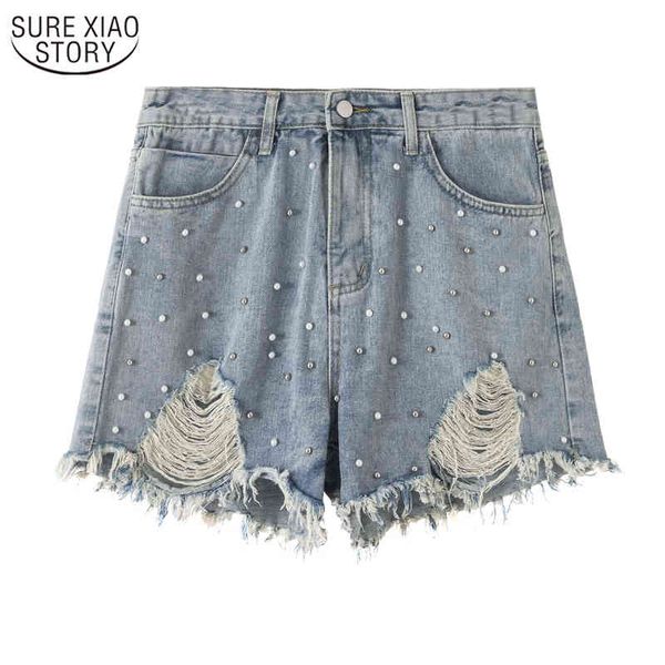 

korean women's casual loose beading denim short femme fashion women shorts large size 4xl slim jeans 9835 210508, White;black