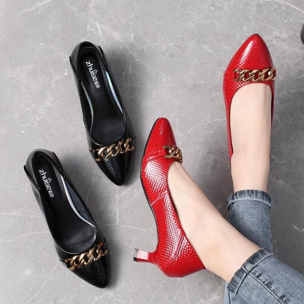 

dress shoes 2021 high heels pointed toe woman pumps black patent leather chain slip on square heel zapatos mujer