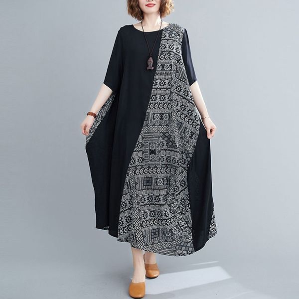 

women vintage print long dress new arrival summer arts style patchwork color loose female cotton linen casual dresses s2997 210412, Black;gray
