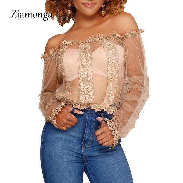 

ziamonga lace splice see through mesh sheer blouse shirt women strapless long sleeve blouses cold summer 2021 femme women's & shirts, White